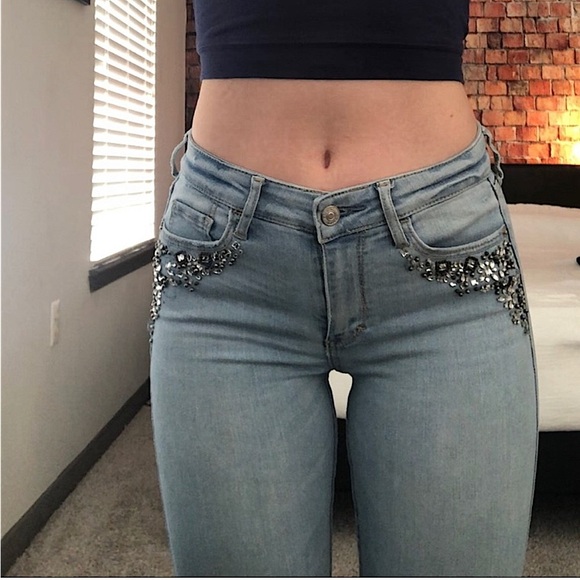 Abercrombie & Fitch Rhinestone Bling Embellished Distressed Light Skinny Jeans 4 - Picture 3 of 12